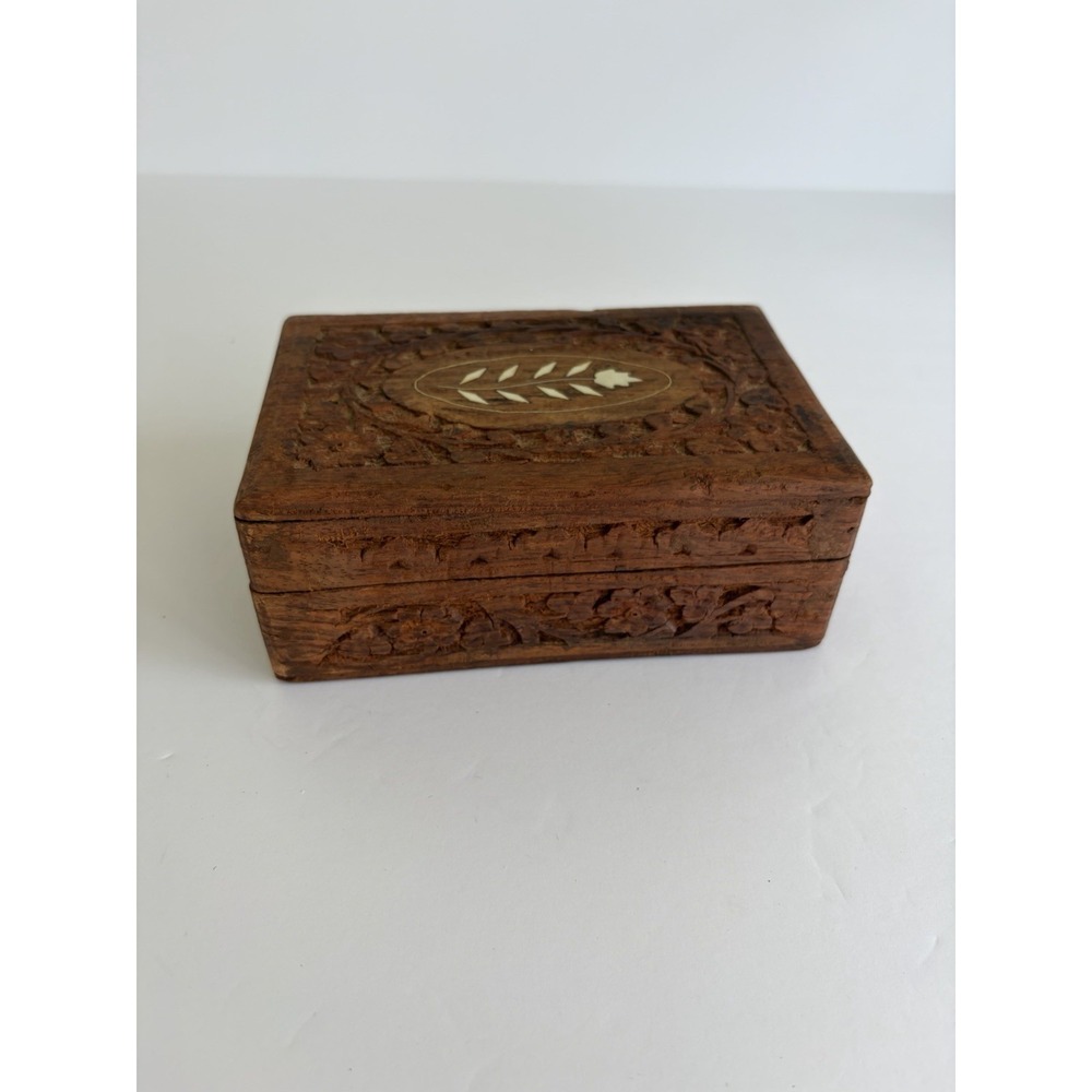 Vintage Hand Carved Wooden Trinket/Jewelry Box W/ Inlay Made In India